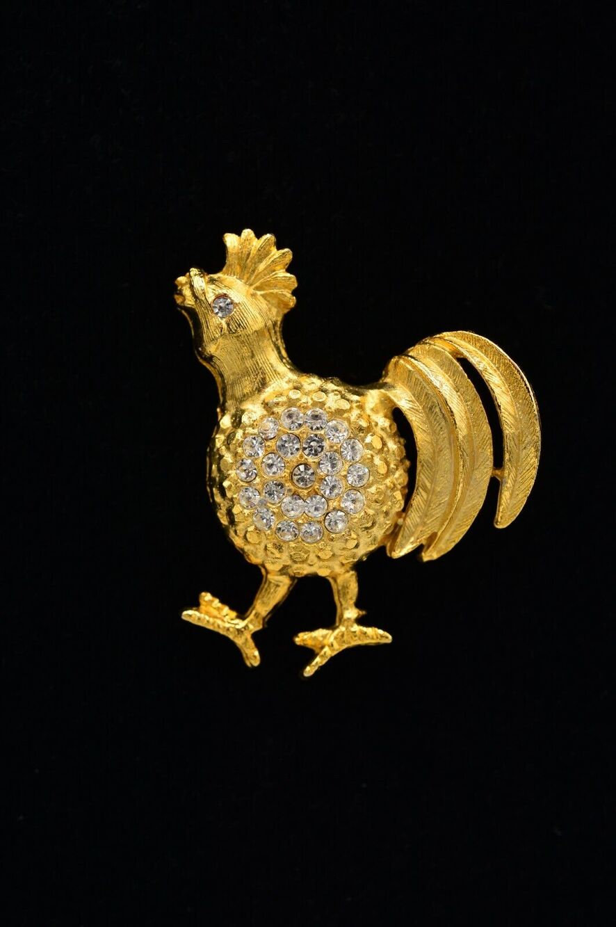 Vintage Farm Rooster Rhinestone Crystal Pin Brooch Gold Figural 1980s BinV